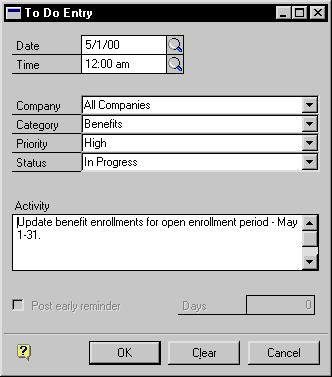 PART 11 UTILITIES 2. Choose Add New Entry to open the To Do Entry window. 3. Enter or select a date and a time for the entry. 4. Select a company and category for the entry. 5.