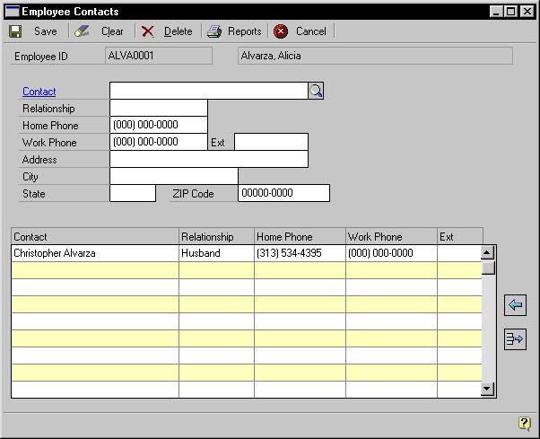 CHAPTER 6 EMPLOYEE RECORDS 4. Choose Contacts to open the Employee Contacts window. 5. Enter a contact name, relationship to the employee, phone numbers and address information. 6. Choose Save or the insert icon button to add the record to the scrolling window.