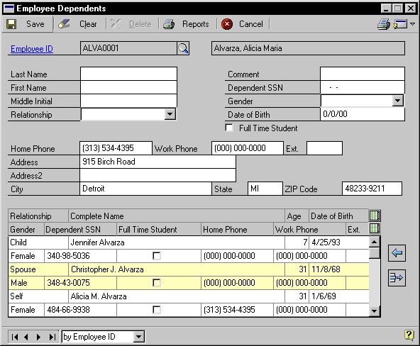 Chapter 8: Dependent Records To use the benefits feature, you must enter information about each employee s dependents.