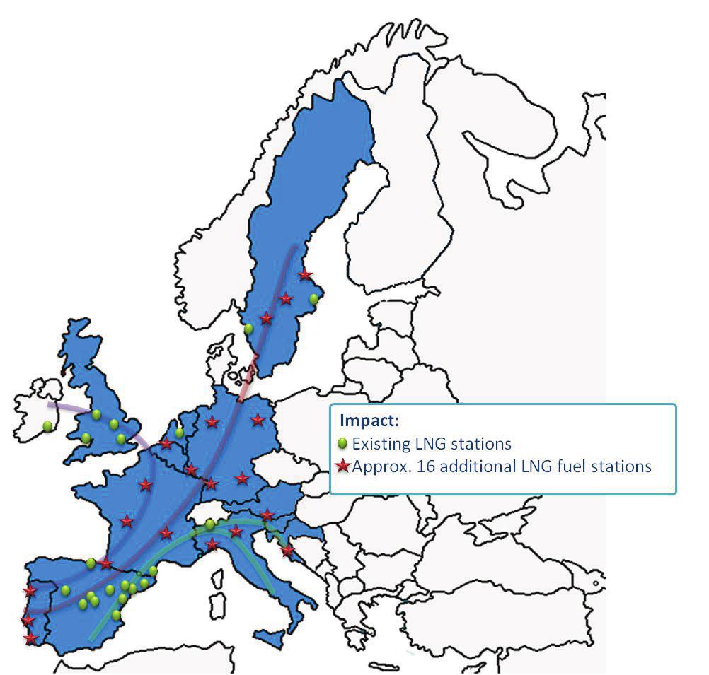 Figure 12: European LNG Blue Corridors The outline of the roll out of the first stage of the roadmap is to build approximately 15 LNG or L-CNG stations on critical points/locations in the Blue