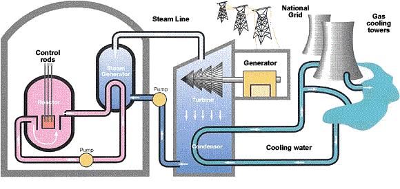 Energy Transformations at a Nuclear Power Station The fission reaction transforms nuclear energy into heat energy. The heat energy is used to change water into steam.