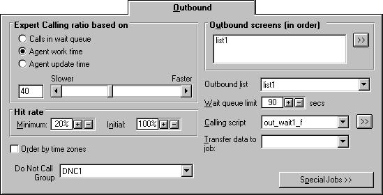 Outbound Tab Complete the Outbound tab for all outbound jobs and blend jobs on an Intelligent Call Blending system. 1 Use the Expert Calling ratio area to select an Expert Calling ratio.