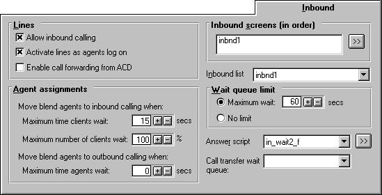 Inbound Tab Complete the Inbound tab for all inbound and blend jobs on an Intelligent Call Blending system. 1 Use the Lines area to tell the Mosaix system how to use the inbound lines.