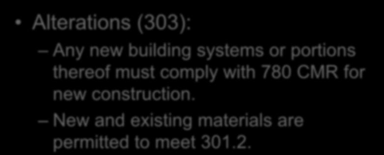Prescriptive Compliance Method Chapter 3 Alterations (303): Any new building systems or portions