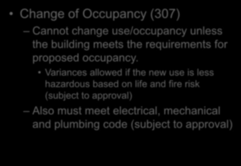 Prescriptive Compliance Method Chapter 3 Change of Occupancy (307) Cannot change use/occupancy unless the building meets the requirements for proposed occupancy.