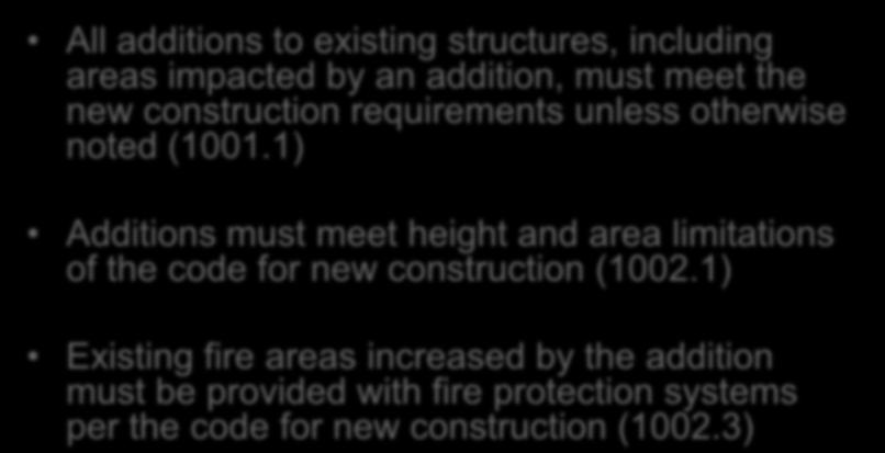Additions Chapter 10 All additions to existing structures, including areas impacted by an addition, must meet the new construction requirements unless otherwise noted (1001.