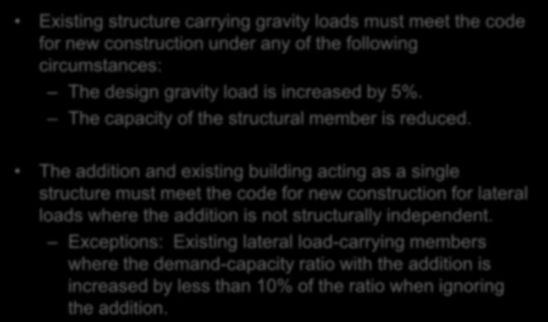 Additions Chapter 10 Existing structure carrying gravity loads must meet the code for new construction under any of the following circumstances: The design gravity load is increased by 5%.