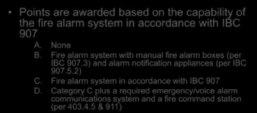 Evaluation Fire Alarm Systems Section 1301.6.9 Points are awarded based on the capability of the fire alarm system in accordance with IBC 907 A. None B.