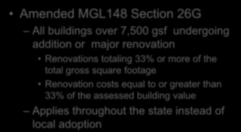 Sprinklers in Existing Buildings Amended MGL148 Section 26G All buildings over 7,500 gsf undergoing addition or major renovation Renovations totaling 33% or more