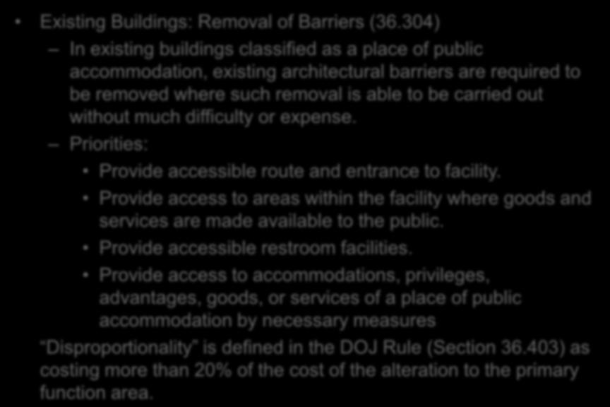 ADA: 28 CFR Part 36 Existing Buildings: Removal of Barriers (36.
