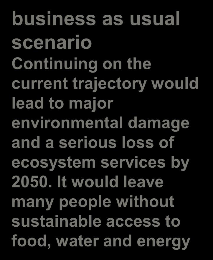 Outlook to 2050 business as usual scenario Continuing on the current trajectory would lead to major environmental damage and a