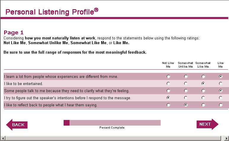 Personal Profile Response form 70 questions measuring listening