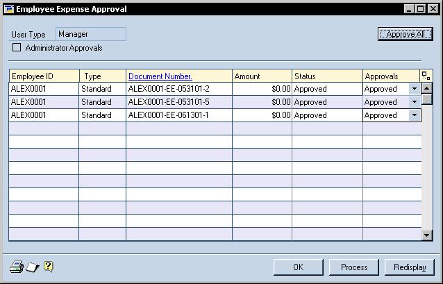 2. Open the Employee Expense Approval window. Transactions > Expense Approvals 3. To approve expense reports that were not approved in Business Portal, select Approve from the Approvals list. 4.