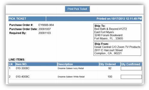 III USING THE PICK TICKET TAB 1 This tab allows your warehouse employees to select a purchase order and print a PICK TICKET slip that shows the purchase order number, required by date, shipping