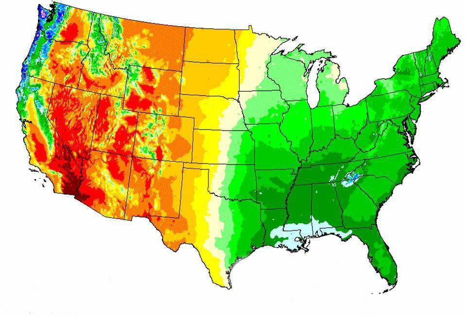 Climate and Seed Production Much of the land mass of the Eastern US is wetter than the Western US.