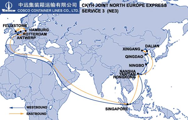 4.2 Analysis of the NE3 service. The NE3 service has an Asia- Europe- Asia route with a total roundtrip time of 70 days and deployed with 10 ships.