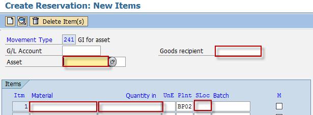 Material Choose from the dropdown list Code of the material that you want to reserve. Quantity Numeric value Enter the quantity to be moved in any unit of measure for the material.