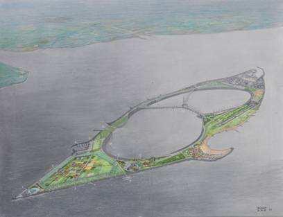 Transfer to an innovative concept. Energy Island an artificial island in the North Sea A 40 meters deep dredged open pit enclosed by a ring of dikes containing ~ 1.
