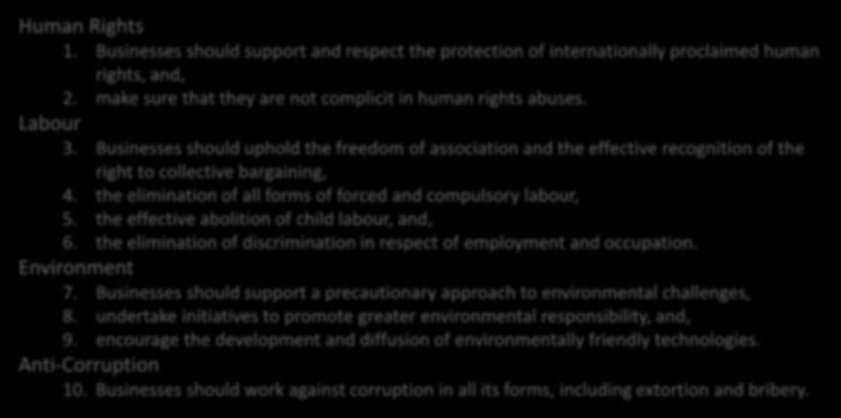 The UN Global Compact and the 10 Principles A call to companies to align strategies and operations with universal principles of human rights, labour, environment and anti-corruption, and take actions