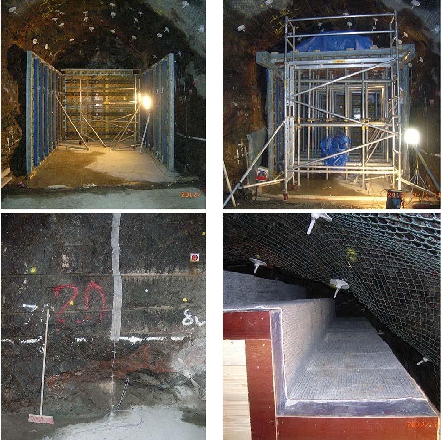 Figure 2 6. Photos from the preparatory work. Upper left and right: Installation of the mould simulating a stack of backfill blocks.