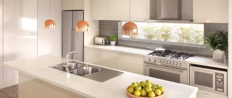 B: Laminated finish kitchen base & overhead cupboard doors/panels (up to two colours) selected from the Velour or Natural  C: Soft close