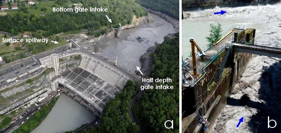 Figure 3: (a) Aerial view of the Génissiat dam during the 2012 flushing