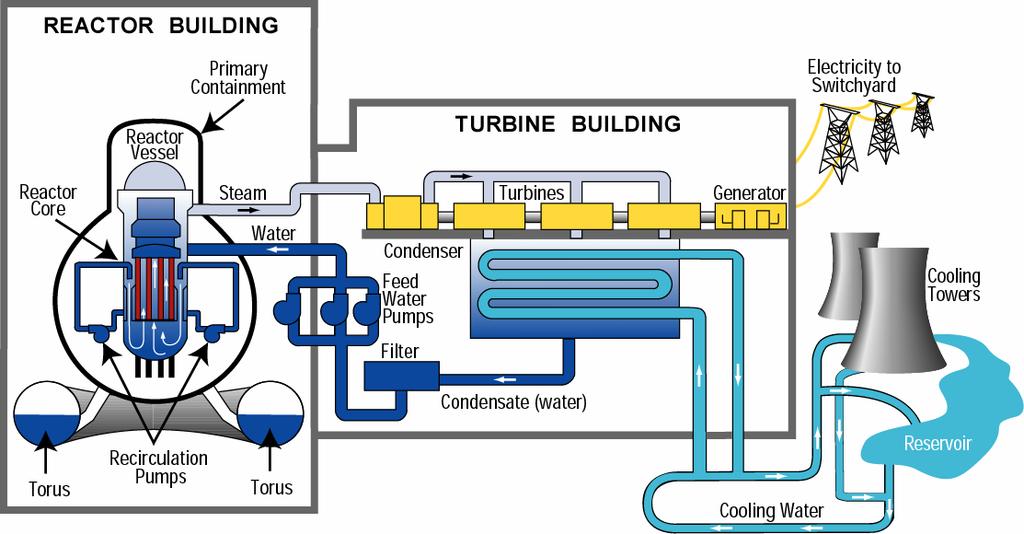 Nuclear Boiling Water Power Plant Closed System Water is heated through the controlled splitting of uranium atoms in the reactor core and turns to steam.