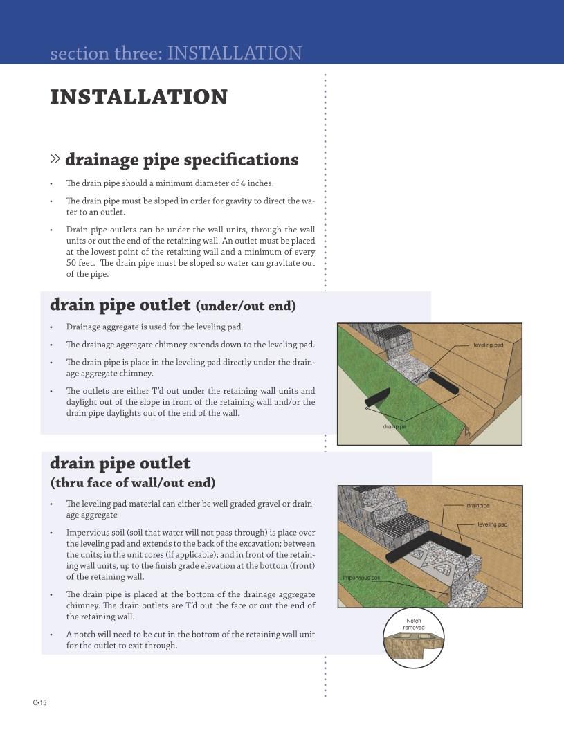 INSTALLATION» drainage pipe specifications The drain pipe should a minimum diameter of 4 inches.