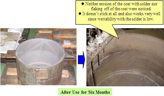 The coating was found to be effective even after continuous use of the vessel for melting. As shown in Fig.
