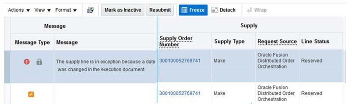 The following screen capture shows a supply exception that was raised by an update from the contract manufacturer.