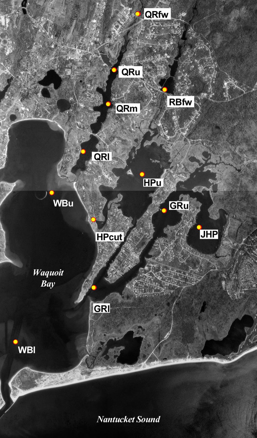 Figure VI-1. Estuarine water quality monitoring station locations in Waquoit Bay. Station labels correspond to those provided in Table VI-1.