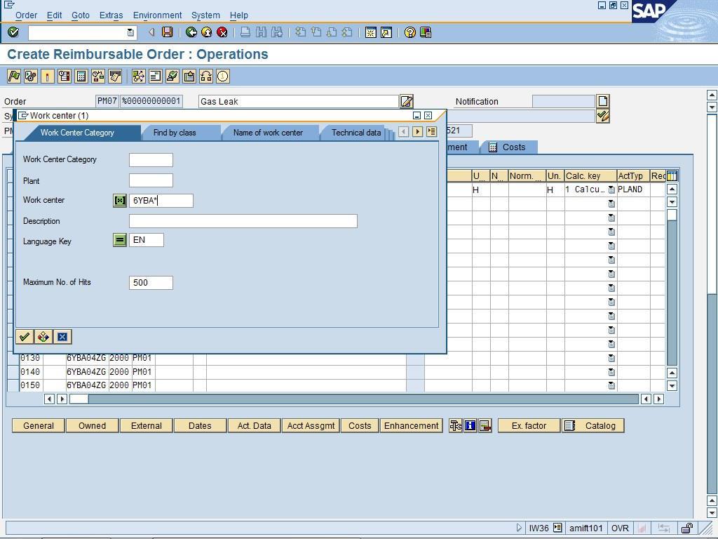 Create a Sub-order (IW36) Page: 15 of 20 Work center (1) (Dialog Box) 21.
