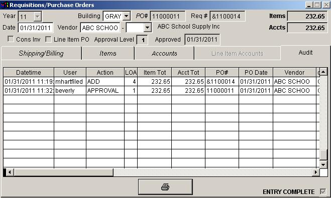 Audit Tab Click the Audit tab to review PO Audit Log entries that are created when the APPROVE POs process is performed, when the PO Entry screen is used to add/delete a PO or change PO information,