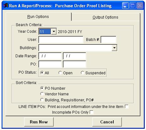 PO Entry Proof Generate a listing of purchase order information Year Code: (Required) Select a fiscal year for which to generate the report.