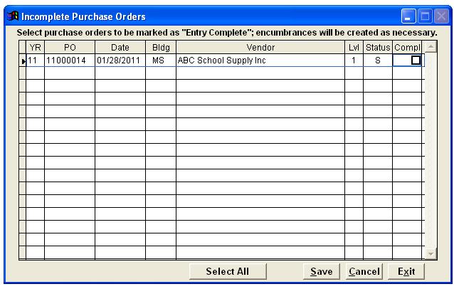 Compl: Select this checkbox option to indicate that data entry is complete for the corresponding purchase order in the grid and (if applicable) that it is ready to be encumbered.