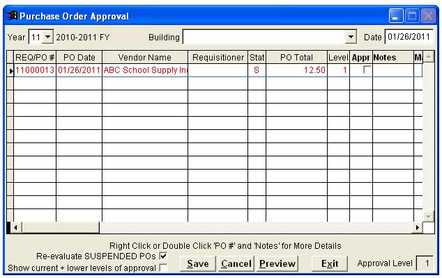 This process includes identifying purchase orders that are awaiting approval, approving purchase orders entered, and approving by those with a lower approval level.
