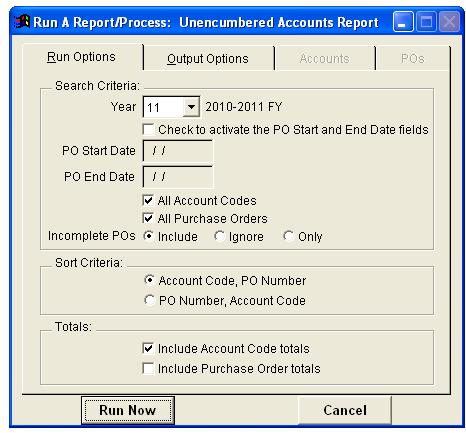 Unencumbered Accounts Report The UNENCUMBERED ACCOUNT REPORT allows you to generate a list of unencumbered account codes for all purchase orders and/or account
