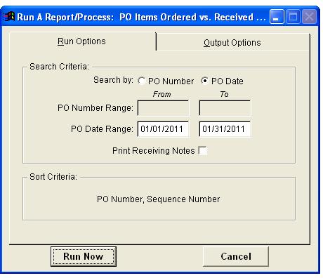 Items Ordered vs. Received Report The ITEMS ORDERED VS. RECEIVED REPORT menu item allows you to generate a report for orders with outstanding quantities as entered on the RECEIVE POs screen.