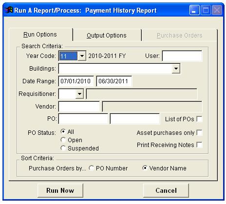 Payment History Report The PAYMENT HISTORY REPORT menu item allows you to generate a report that lists a history of payments for purchase orders based on your selection criteria.