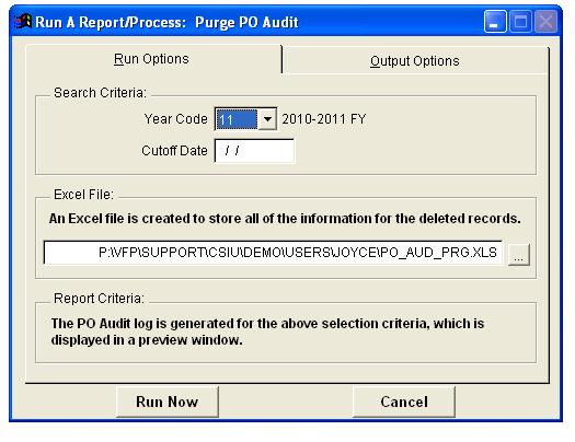Purge PO Audit Purge purchase order audit log entries that you can view on the PO Entry/Audit tab. An Excel file is created prior to the purge.