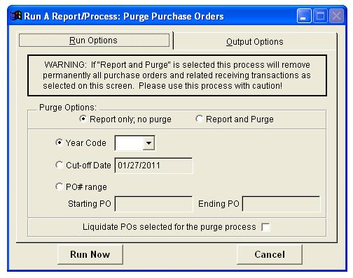 Purge POs Purge purchase orders by year code, cutoff date, or PO number range.