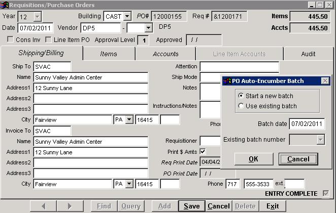 When the purchase order is complete, select the Entry Complete checkbox option, and Save the record.