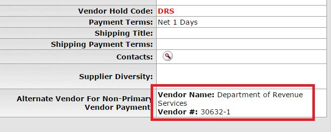 Notify vendor area to remove hold code. 1. Amanda or Christine will remove hold code off of the vendor. 2) Check to see if DRS Alt. vendor is on PO. a. DRS is an Alt vendor on the PO. i. Continue to step 3.