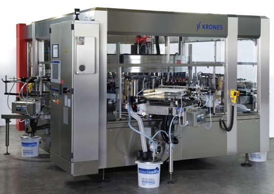 krones Topmatic Container-table diameter: 1,800 mm Maximum machine output: 72,000 containers per hour Variant 1: Up to four labelling stations, each capable of attaching two or more labels Variant 2: