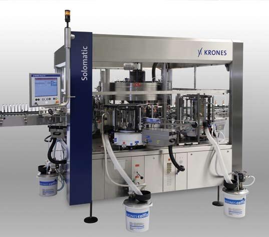 krones Solomatic Container-table diameter: 1,200 mm Maximum machine output: 55,000 containers per hour Variant 1: Up to three labelling stations, each capable of attaching two or more labels Variant