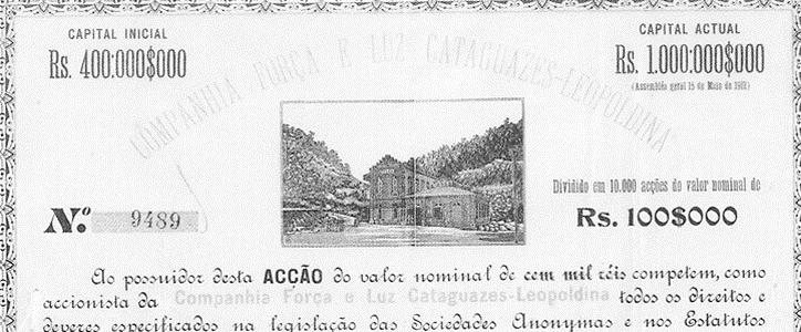 1905 José Monteiro Ribeiro Junqueira, João Duarte Ferreira and Norberto Custódio Ferreira found the Companhia Força e Luz Catagrazes-Leopoldina