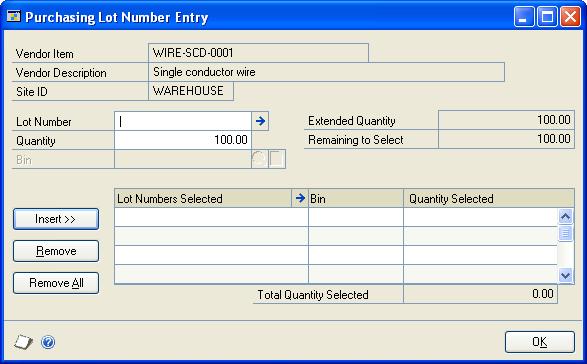 CHAPTER 15 SHIPMENT RECEIPT DETAIL ENTRY 4. Enter a site ID. Press TAB or choose the Quantity Shipped expansion button to open the Purchasing Lot Number Entry window.
