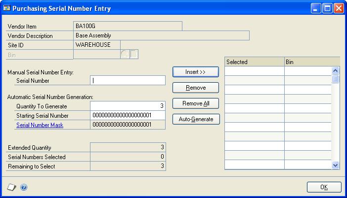CHAPTER 15 SHIPMENT RECEIPT DETAIL ENTRY If you re using multiple bins and are generating serial numbers automatically, the bin number entered in the Purchasing Serial Number Entry window will be