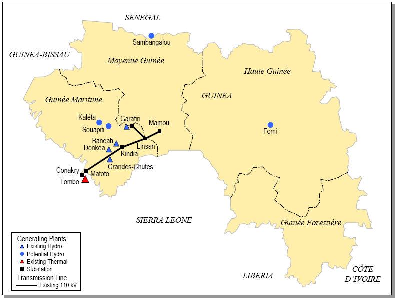 Figure 26.1: Guinea Transmission Network [3] Guinea s 110 kv transmission n system connects the hydro plants, Garafiri to Conakry, Kindia, Linsan and Mamou.