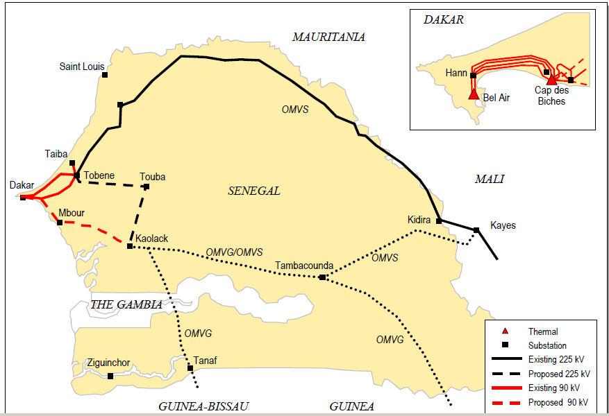 Transmission Figure 42.2 shows the existing and planned transmission network. The network is centered around Dakar, but isolated distribution networks also exist at Tambacounda and Ziguinchor.